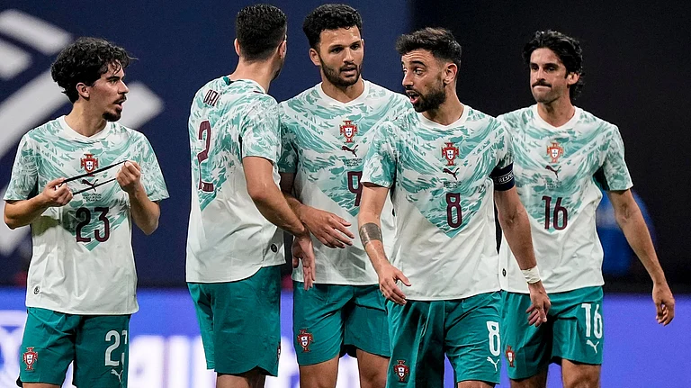 Portugal team mates celebrate a goal against the USA during the first half of an international friendly soccer match, Tuesday, March 31, 2026, in Atlanta. - | Photo: AP/Mike Stewart