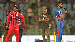 AP : Delhi Capitals' captain Axar Patel, right, speaks as Lucknow Super Giants' captain Rishabh Pant, left, looks on after the toss ahead of the Indian Premier League match in Lucknow.