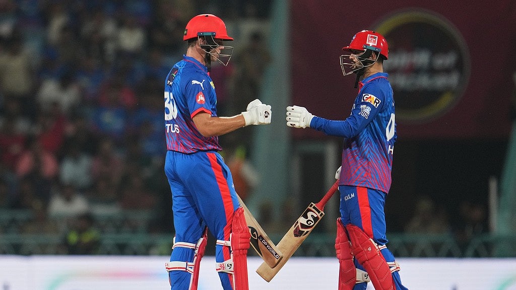 Delhi Capitals' Sameer Rizvi, right, and batting partner Tristan Stubbs encourage each other during the Indian Premier League cricket match between Lucknow Super Giants and Delhi Capitals in Lucknow, India, Wednesday, April 1, 2026. - AP Photo/Manish Swarup