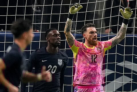 Portugal's goalkeeper Jose Sa (12) reacts to play against USA during the second half of an international friendly soccer match,in Atlanta.