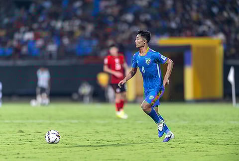 India's Apuia with the ball during the AFC Asian Cup Qualifiers match against Hong Kong on March 31, 2026