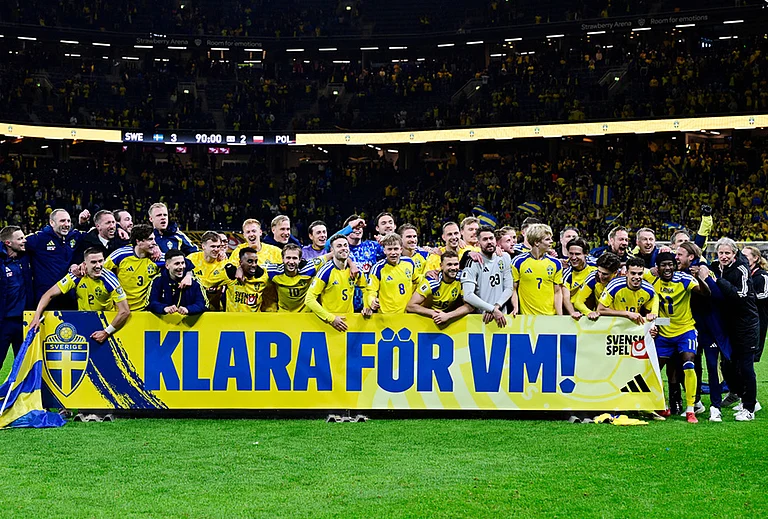 Sweden players and staff celebrate qualifying for the World Cup after a World Cup qualifying playoff final soccer match between Sweden and Poland in Stockholm. - | Photo: Jonas Ekstromer/TT via AP