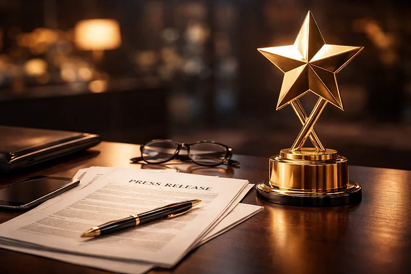 Gold star trophy on a desk with a press release
