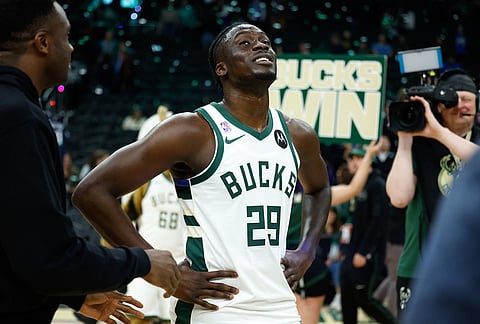 Milwaukee Bucks forward Alex Antetokounmpo (29) smiles after the game against the Dallas Mavericks during the second half of an NBA basketball game in Milwaukee. 