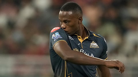 Gujarat Titans' Kagiso Rabada reacts before deliver a ball during the Indian Premier League cricket match between Gujarat Titans and Punjab Kings in New Chandigarh, India, Tuesday, March 31, 2026
