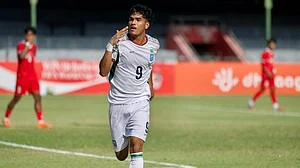 | Photo: Instagram/thebafufe : Bangladesh's Md Manik celebrates after scoring against Nepal during their SAFF U20 Championship match on April 1, 2026.