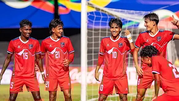 Nepal U20 players celebrate after scoring during the SAFF U20 Championship match against Sri Lanka on March 25, 2026. - | Photo: theanfaofficial