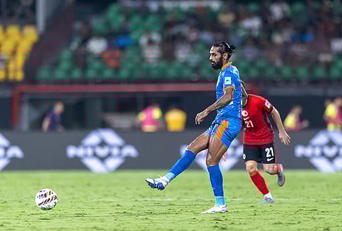 India's Sandesh Jhingan passes the ball during the AFC Asian Cup Qualifiers match against Hong Kong on March 31, 2026