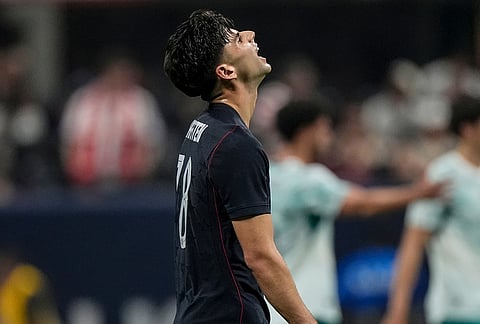 USA's Max Arfsten (18) reacts to losing against Portugal during the second half of an international friendly soccer match, in Atlanta. 