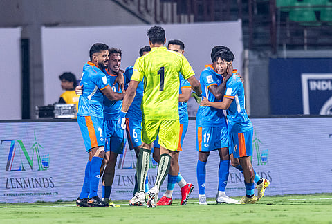 India's Ryan Williams celebrates with teammates after scoring during the AFC Asian Cup Qualifiers match against Hong Kong on March 31, 2026
