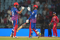 | Photo: AP/Manish Swarup : Delhi Capitals' Tristan Stubbs, left, and batting partner Sameer Rizvi celebrate their win in the Indian Premier League cricket match against Lucknow Super Giants in Lucknow, India.