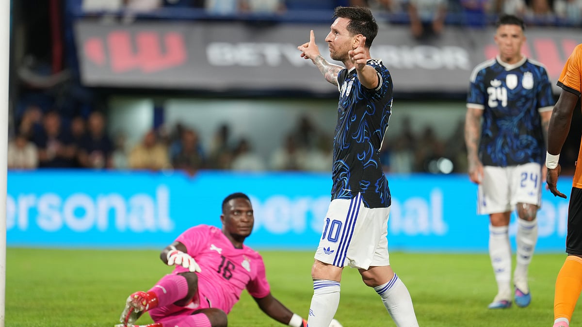 Argentina's Lionel Messi celebrates scoring his side's second goal against Zambia during a friendly soccer match in Buenos Aires, Argentina, Tuesday, March 31, 2026.  - | Photo: AP/Rodrigo Abd