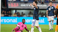 | Photo: AP/Rodrigo Abd : Argentina's Lionel Messi celebrates scoring his side's second goal against Zambia during a friendly soccer match in Buenos Aires, Argentina, Tuesday, March 31, 2026. 