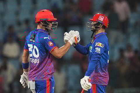 Delhi Capitals' Tristan Stubbs, left, and batting partner Sameer Rizvi celebrate their win in the Indian Premier League cricket match against Lucknow Super Giants in Lucknow, India, Wednesday, April 1, 2026