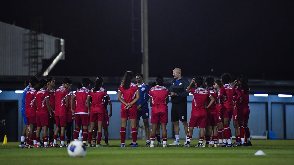 The India U23 players in training with head coach Joakim Alexandersson ahead of the AFC U20 Women’s Asian Cup match against Japan on April 2, 2026. - | Photo AIFF