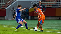 | Photo: AIFF : India's Lhingdeikim Kipgen in action against Japan in theri AFC Women’s Asian Cup match on April 2, 2026.