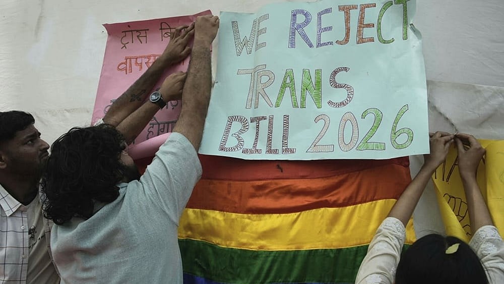 Supporters of the LGBTQIA+ community hold placards during a protest against the passage of the Transgender Persons (Protection of Rights) Amendment Bill, 2026, at Jantar Mantar in New Delhi. - | Photo: Vikram Sharma/Outlook