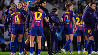 | Photo: AP/Manu Fernandez : Barcelona's coach Pere Romeu greets his players after the women's Champions League quarterfinal first leg soccer match between Real Madrid and Barcelona in Madrid, Spain, Wednesday, March 25, 2026. 