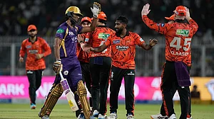 AP : Sunrisers Hyderabad's Eshan Malinga, second from right, celebrates the run-out of Kolkata Knight Riders' Cameron Green during their Indian Premier League match in Kolkata.