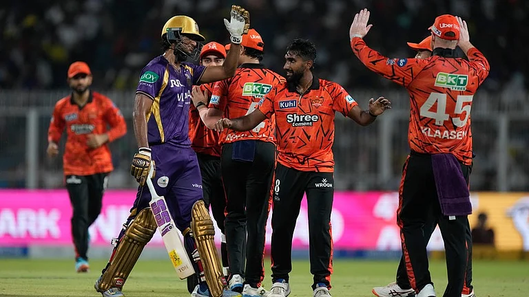 Sunrisers Hyderabad's Eshan Malinga, second from right, celebrates the run-out of Kolkata Knight Riders' Cameron Green during their Indian Premier League match in Kolkata. - AP