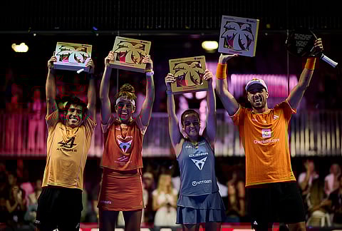 Federico Chingotto,Beatriz Gonzalez Fernandez,Paula Josemaria Martin and Alejandro Galan pose with their winner trophies during the trophy ceremony of the Miami Premier Padel P1, United States on March 29, 2026.
