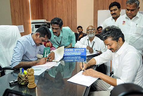 Tamilaga Vettri Kazhagam (TVK) chief Vijay files his nomination papers for the Tamil Nadu Assembly Election from Tiruchirappalli (East) constituency, at the Returning Officer's office, in Tiruchirappalli district.