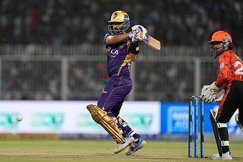 Kolkata Knight Riders' captain Ajinkya Rahane plays a shot during the Indian Premier League cricket match between Kolkata Knight Riders and Sunrisers Hyderabad in Kolkata, India.