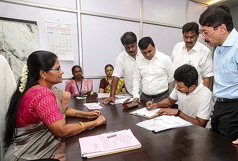 Tamil Nadu Deputy Chief Minister and DMK Youth Wing Secretary Udhayanidhi Stalin files his nomination papers for the Tamil Nadu Assembly Election from the Chepauk-Thiruvallikeni constituency, at the Returning Officer's office, in Chennai.