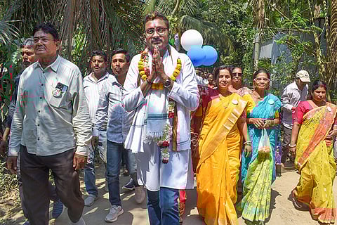 TMC candidate from Krishnanagar Uttar constituency, Avinabha Bhattacharya, campaigns ahead of the West Bengal Assembly elections, in Nadia.