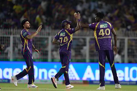 Kolkata Knight Riders' Blessing Muzarabani, right, celebrates with teammates the wicket of Sunrisers Hyderabad's captain Ishan Kishan during the Indian Premier League cricket match between Kolkata Knight Riders and Sunrisers Hyderabad in Kolkata, India.