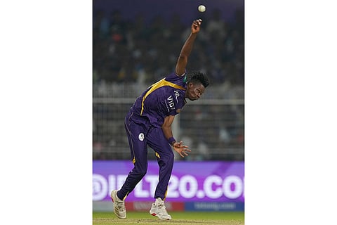 Kolkata Knight Riders' Blessing Muzarabani bowls a delivery during the Indian Premier League cricket match between Kolkata Knight Riders and Sunrisers Hyderabad in Kolkata, India.
