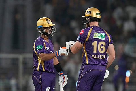 Kolkata Knight Riders' Finn Allen, right, and Kolkata Knight Riders' captain Ajinkya Rahane celebrates scoring during the Indian Premier League cricket match between Kolkata Knight Riders and Sunrisers Hyderabad in Kolkata, India.