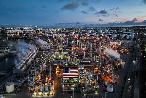 An aerial view shows the Marathon Petroleum refinery in Carson, California.