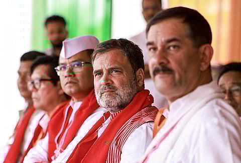 LoP in the Lok Sabha and Congress leader Rahul Gandhi, and others, during a public meeting, in Assam. 
