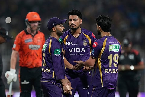 Kolkata Knight Riders' Vaibhav Arora, centre, celebrates with teammates the wicket of Sunrisers Hyderabad's Nitish Kumar Reddy during the Indian Premier League cricket match between Kolkata Knight Riders and Sunrisers Hyderabad in Kolkata, India.