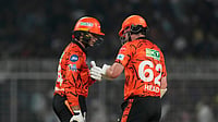KKR Vs SRH Live Cricket Score, IPL 2026: Hyderabad Lose Flurry Of Wickets After A Blazing Start| SRH 168/4 (15) AP Photo/Bikas Das : Sunrisers Hyderabad's Travis Head, right, and Sunrisers Hyderabad's Abhishek Sharma celebrate scoring runs during the Indian Premier League cricket match between Kolkata Knight Riders and Sunrisers Hyderabad in Kolkata, India, Thursday, April. 2, 2026.