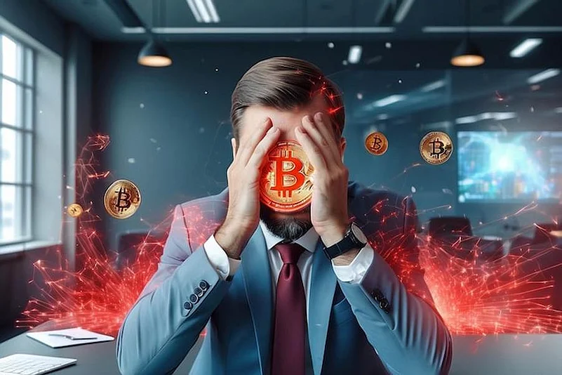 Stressed businessman with Bitcoin over his face