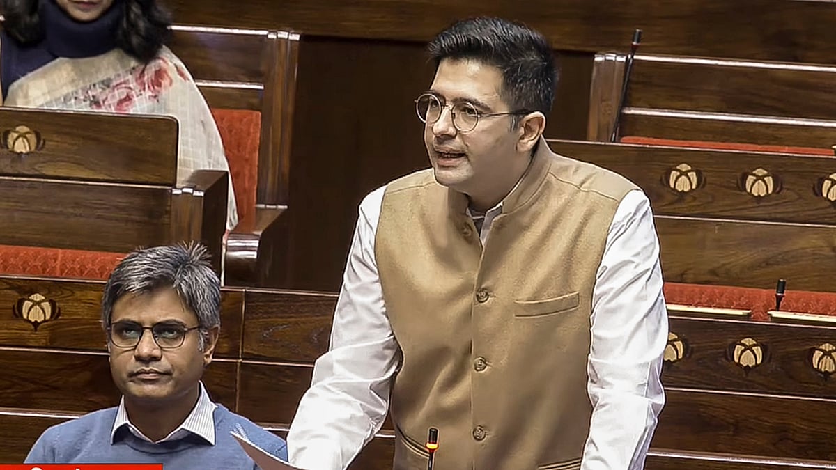 AAP MP Raghav Chadha speaks in the Rajya Sabha during the Winter session of Parliament, on December 8, 2025.  - PTI
