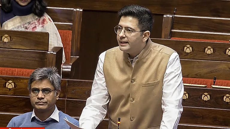 AAP MP Raghav Chadha speaks in the Rajya Sabha during the Winter session of Parliament, on December 8, 2025. - PTI