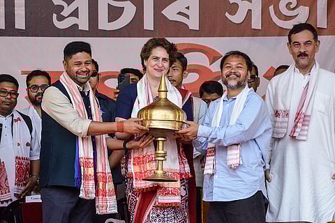 Congress MP Priyanka Gandhi Vadra during a rally in support of the Assam Jatiya Parishad president and candidate, Lurinjyoti Gogoi, ahead of the Assam Assembly elections, in Dibrugarh.