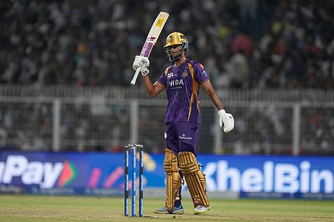 Kolkata Knight Riders' Angkrish Raghuvanshi celebrates his fifty runs during the Indian Premier League cricket match between Kolkata Knight Riders and Sunrisers Hyderabad in Kolkata, India.
