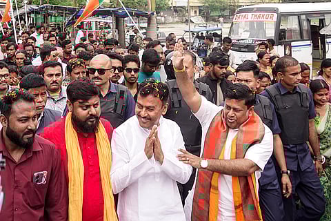 Union Minister of State for Education and BJP leader Sukanta Majumdar takes part in a rally in support of party candidates ahead of the West Bengal Assembly elections, in Cooch Behar.