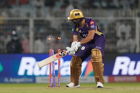 Kolkata Knight Riders' Varun Chakaravarthy bowled out by Sunrisers Hyderabad's Jaydev Unadkat during the Indian Premier League cricket match between Kolkata Knight Riders and Sunrisers Hyderabad in Kolkata, India.