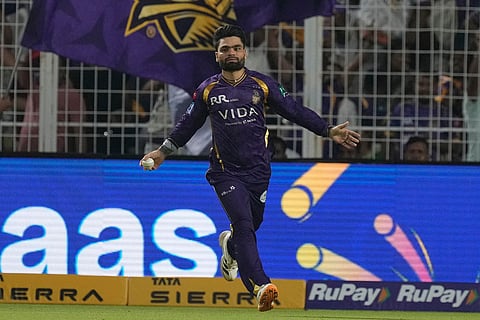 Kolkata Knight Riders' Rinku Singh celebrates after taking catch to dismiss Sunrisers Hyderabad's Aniket Verma during the Indian Premier League cricket match between Kolkata Knight Riders and Sunrisers Hyderabad in Kolkata, India.