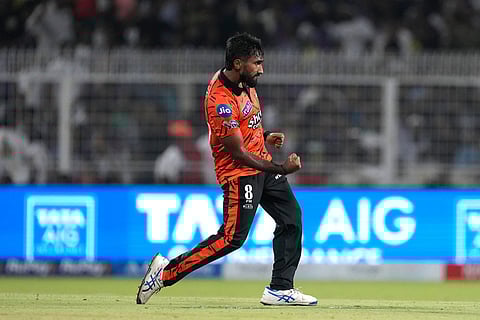 Sunrisers Hyderabad's Eshan Malinga celebrates the wicket of Kolkata Knight Riders' Ramandeep Singh during the Indian Premier League cricket match between Kolkata Knight Riders and Sunrisers Hyderabad in Kolkata, India.