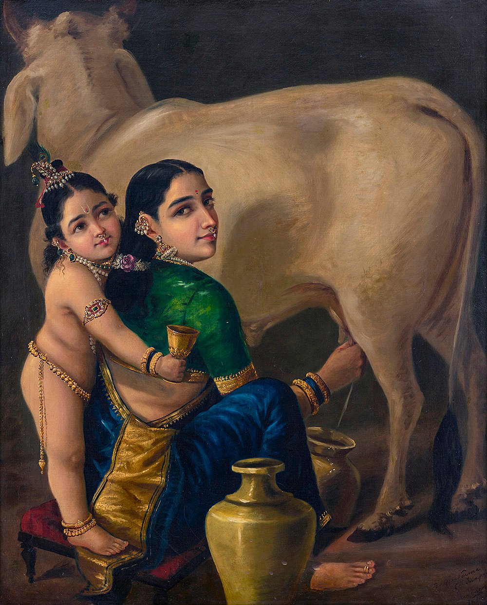 Raja Ravi Varmas Yashoda and Krishna oil painting