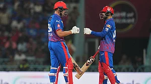 | Photo: AP/Manish Swarup : Delhi Capitals' Sameer Rizvi, right, and batting partner Tristan Stubbs encourage each other during the Indian Premier League cricket match between Lucknow Super Giants and Delhi Capitals in Lucknow, India.