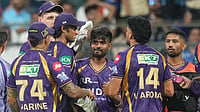 Photo: AP : Kolkata Knight Riders' Vaibhav Arora, second right, celebrate with teammates the wicket of Mumbai Indians' Rohit Sharma during their Indian Premier League match in Mumbai.