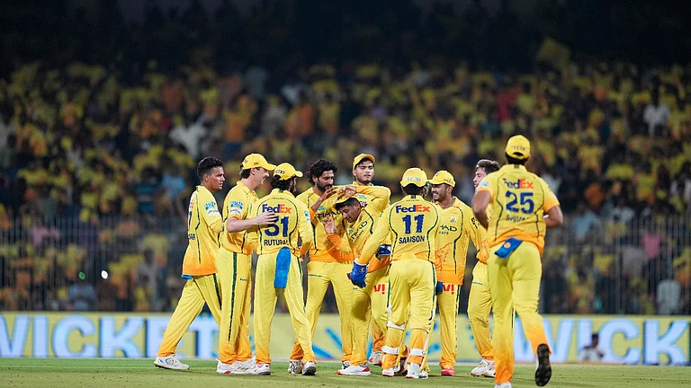 Chennai Super Kings cricketers celebrate a Punjab Kings wicket during IPL 2026 clash at Chepauk. - AP Photo