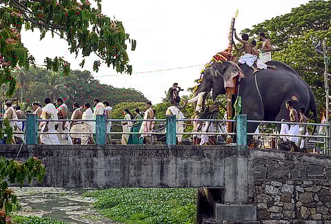 Devotees take part in a religious procession during the ‘Painkuni’ festival, at Sree Padmanabhaswamy Temple in Thiruvananthapuram.